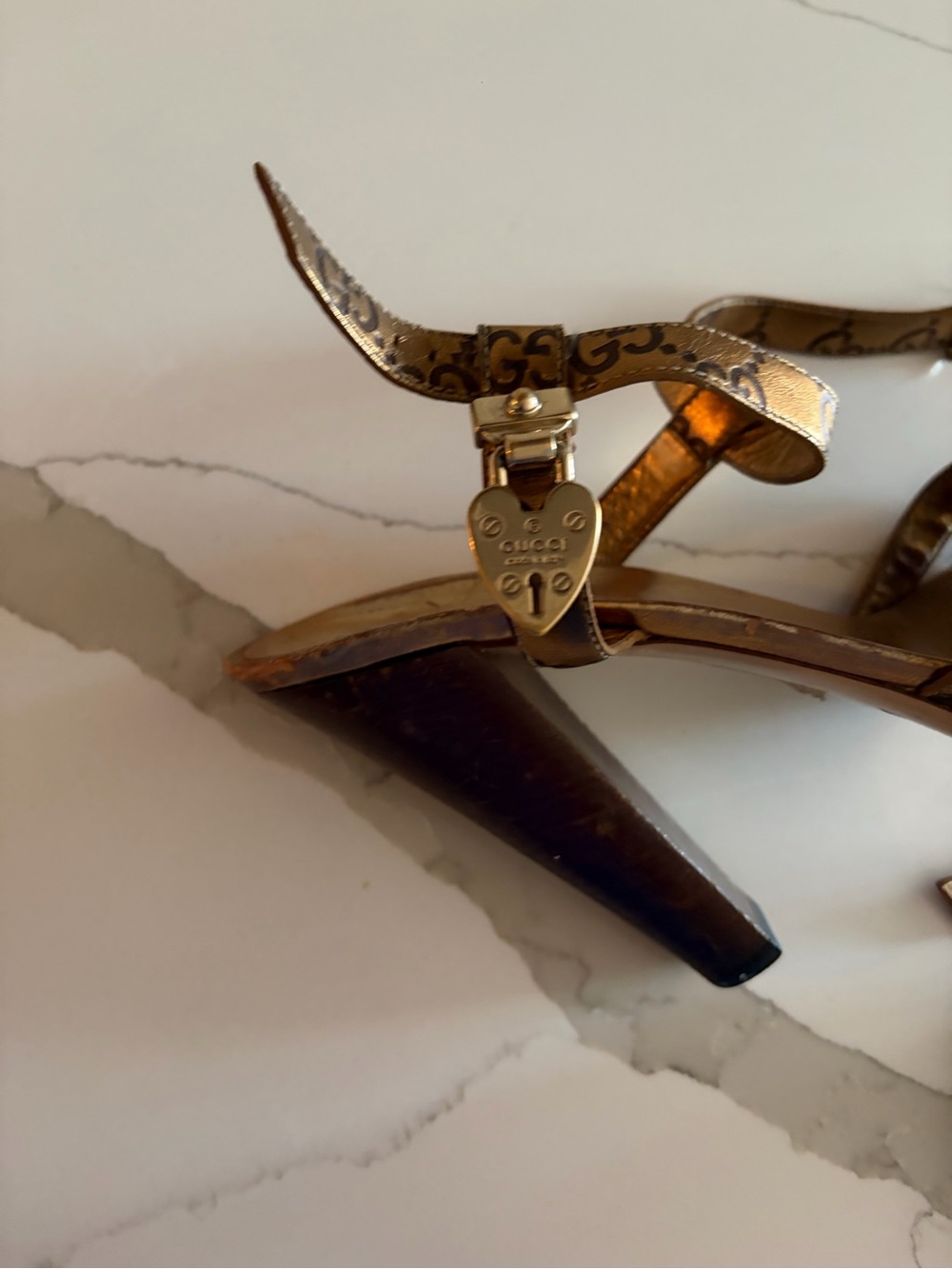 Gucci Metallic Bronze GG Logo Strappy Heels - Picture 5 of 7